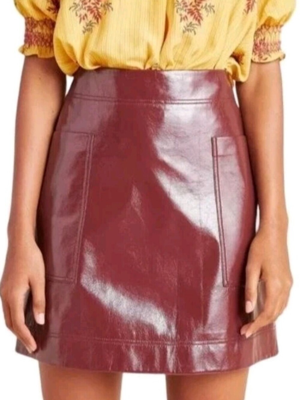 Maeve Anthropologie 12 Vegan leather wine burgundy patent mini skirt pockets